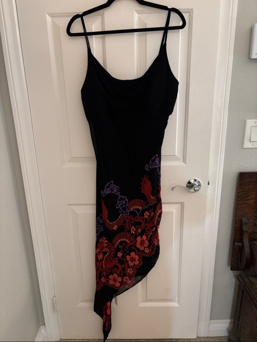 Jessica Black Asymmetrical Slip Dress with Red & Purple Embroidery